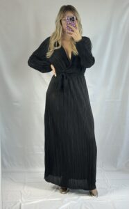 MAmode tendance robe longue plisser noir col v avec ceinture élastique