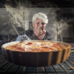 la photo représente une dame qui sort le plat de tarte chaud du four