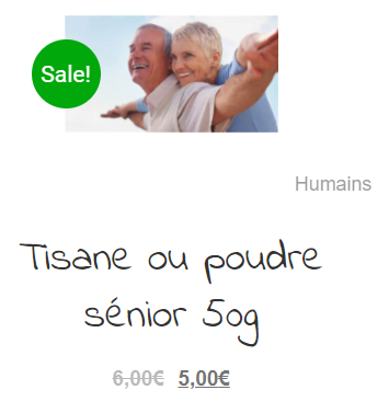 image de 2 personnes agée avec le titre du produit Tisane ou poudre sénior 50g au prix de 5€ au lieu de 6€